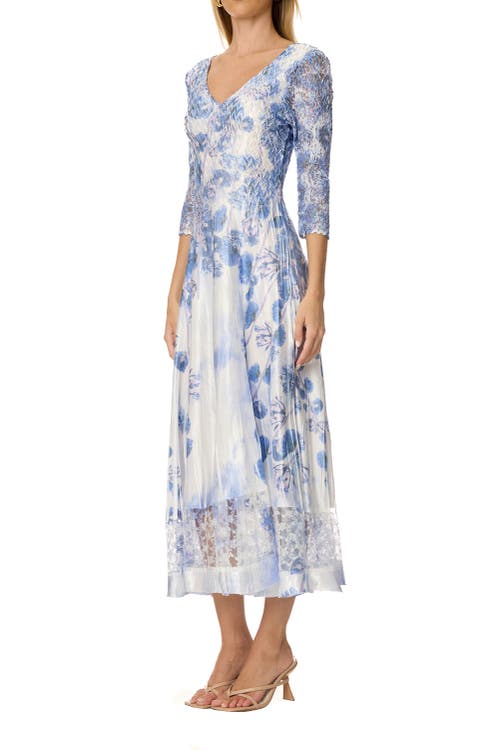 Komarov Border Print Charmuese Dress With Lace Sleeves In Blue