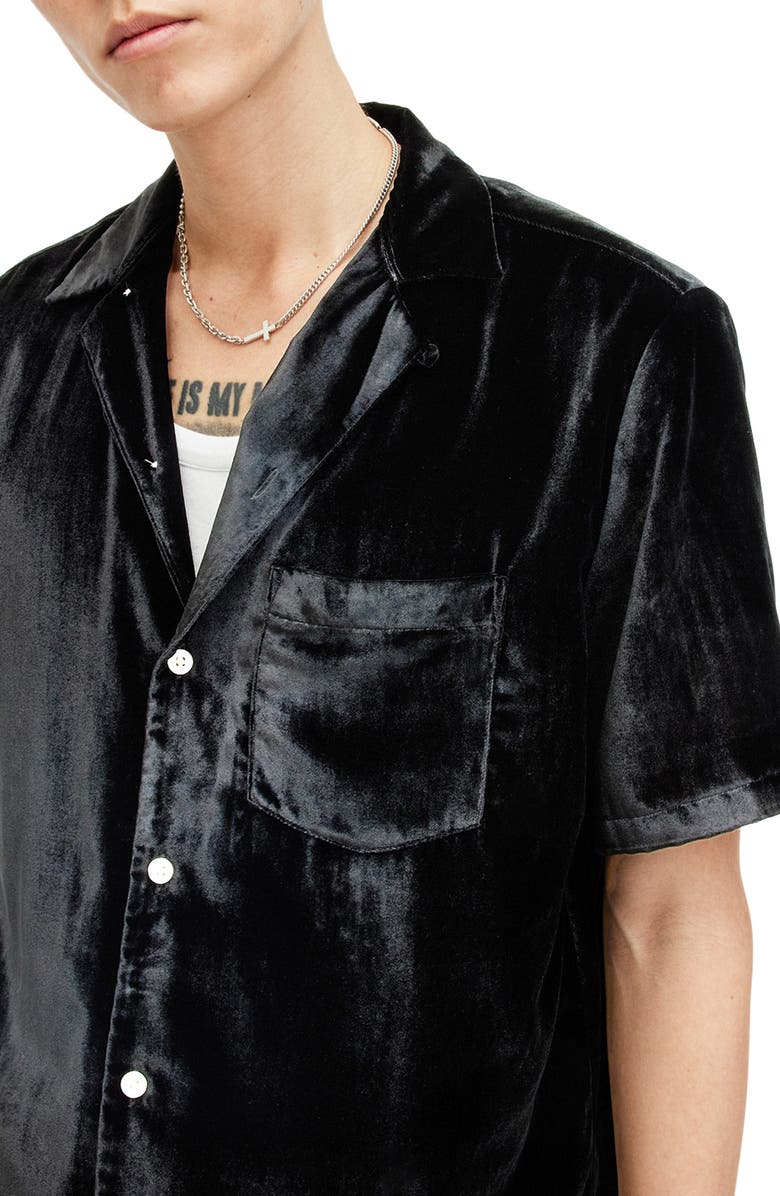 AllSaints Runa Relaxed Fit Velveteen Short Sleeve Button-Up Shirt, Alternate, color, Jet Black