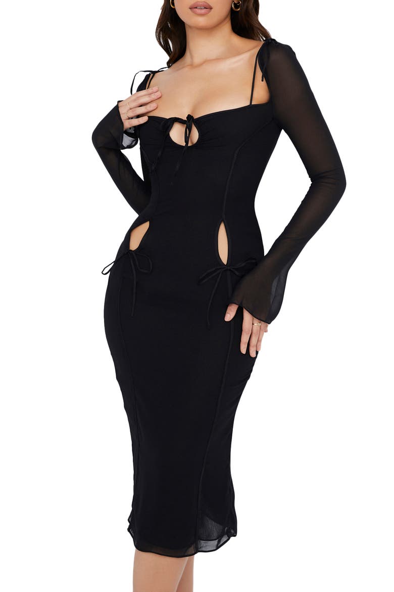 Ophelia Georgette Cutout Midi Dress, Alternate, color, BLACK