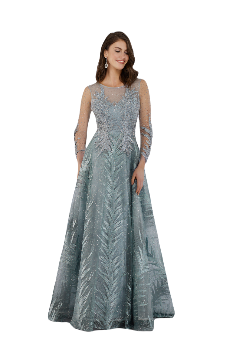 LARA New York High Neck Sheer Long Sleeve Embellished Gown, Main, color, Seagreen