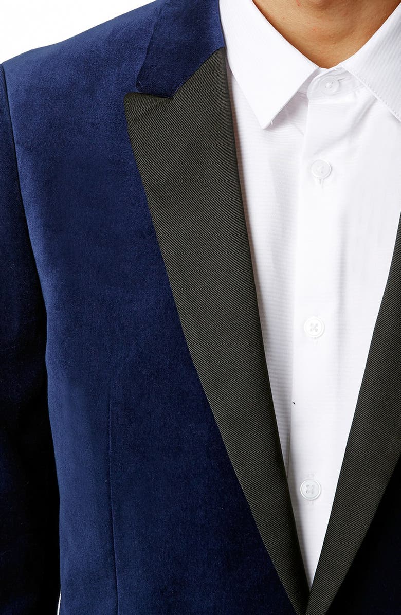 Topman Skinny Fit Blue Velvet Blazer, Alternate, color,