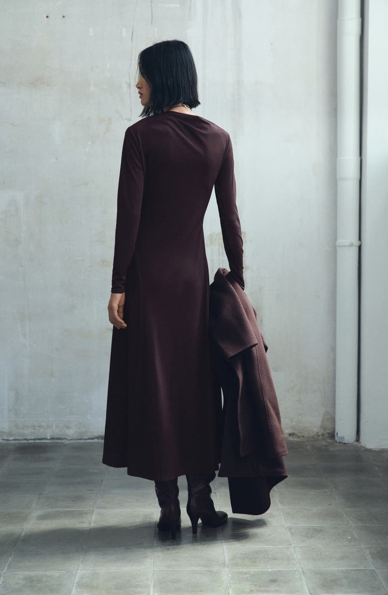 MANGO Asymmetric Neck Long Sleeve Midi Dress, Alternate, color, Brown