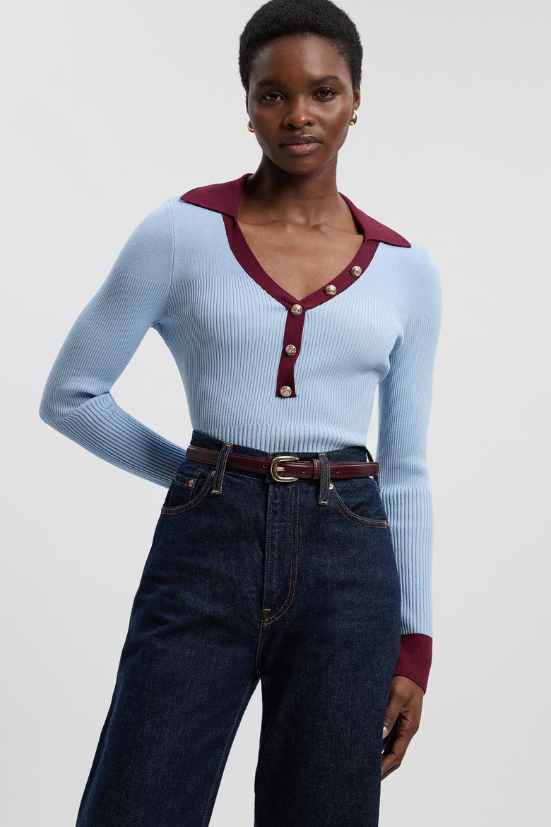 Rib Knit Contrast Hem Collared Top, Alternate, color, Light Blue