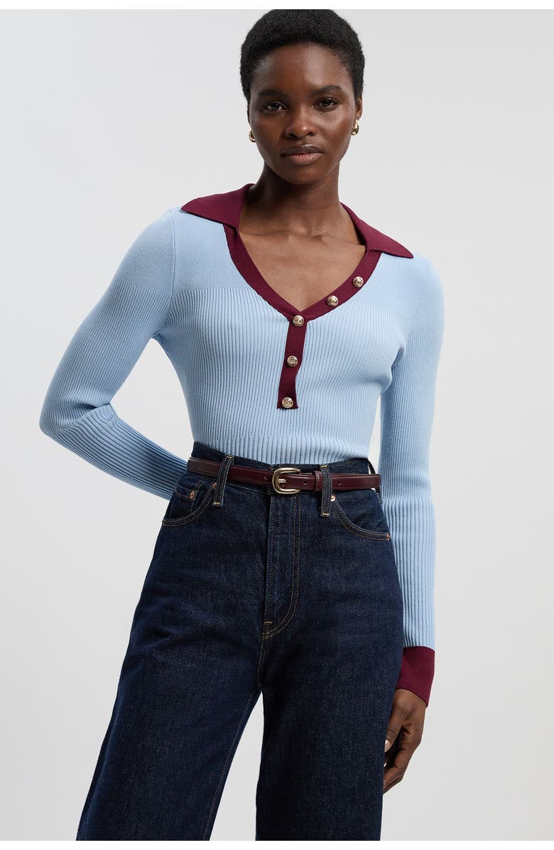Karen Millen Rib Knit Contrast Hem Collared Top, Alternate, color, Light Blue