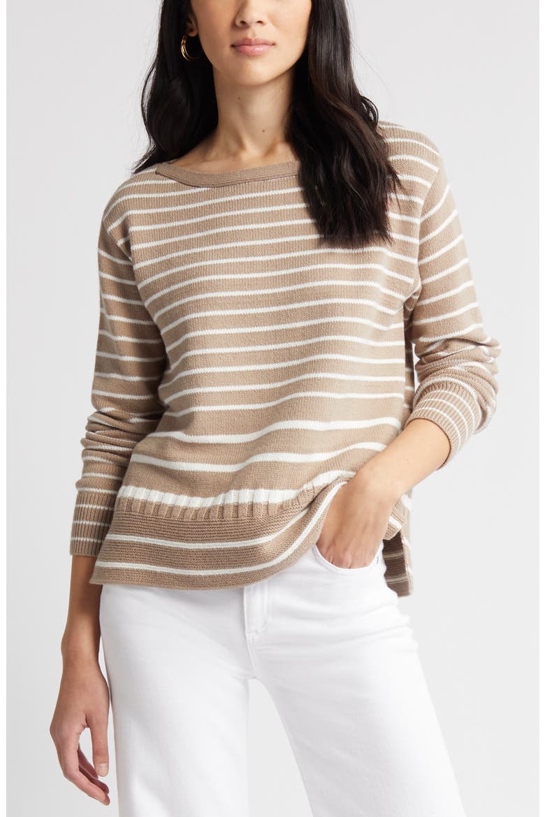 Stripe Boatneck Sweater, Alternate, color, TAN COBBLESTONE- IVORY STRIPE