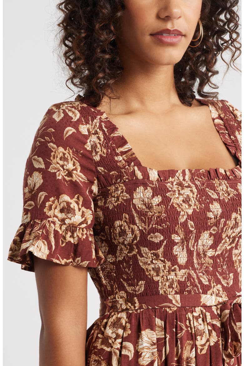 Smocked Ruffle Bodice Maxi Dress, Alternate, color, BROWN FRANNIE FLORAL
