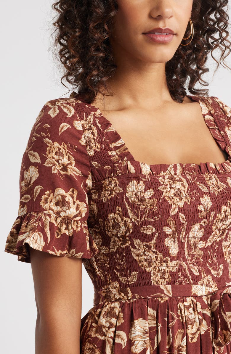 Chelsea28 Smocked Ruffle Bodice Maxi Dress, Alternate, color, Brown Frannie Floral