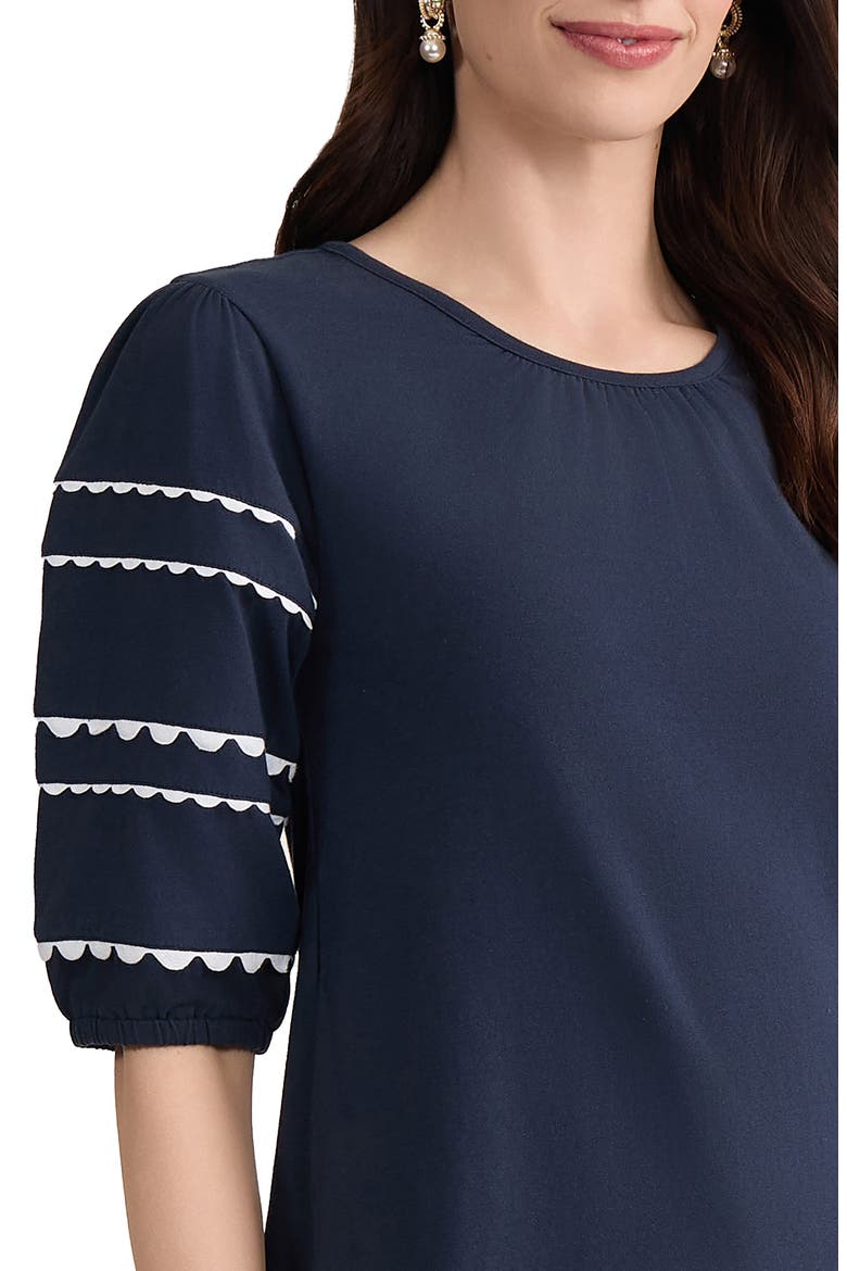 Rickrack Puff Sleeve Stretch Cotton Top, Alternate, color, PACIFIC NAVY/ NATURAL WHITE