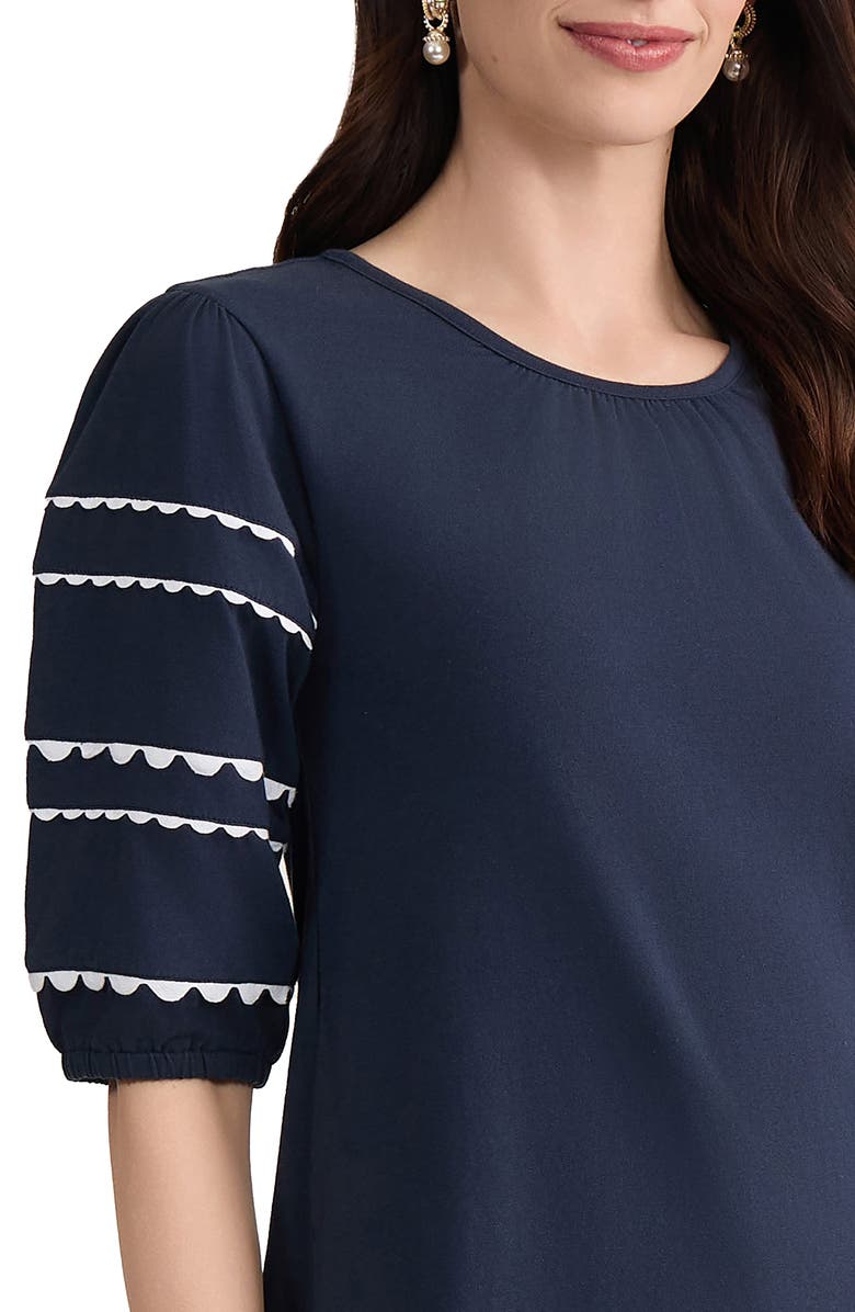 Jones New York Rickrack Puff Sleeve Stretch Cotton Top, Alternate, color, Pacific Navy/ Natural White