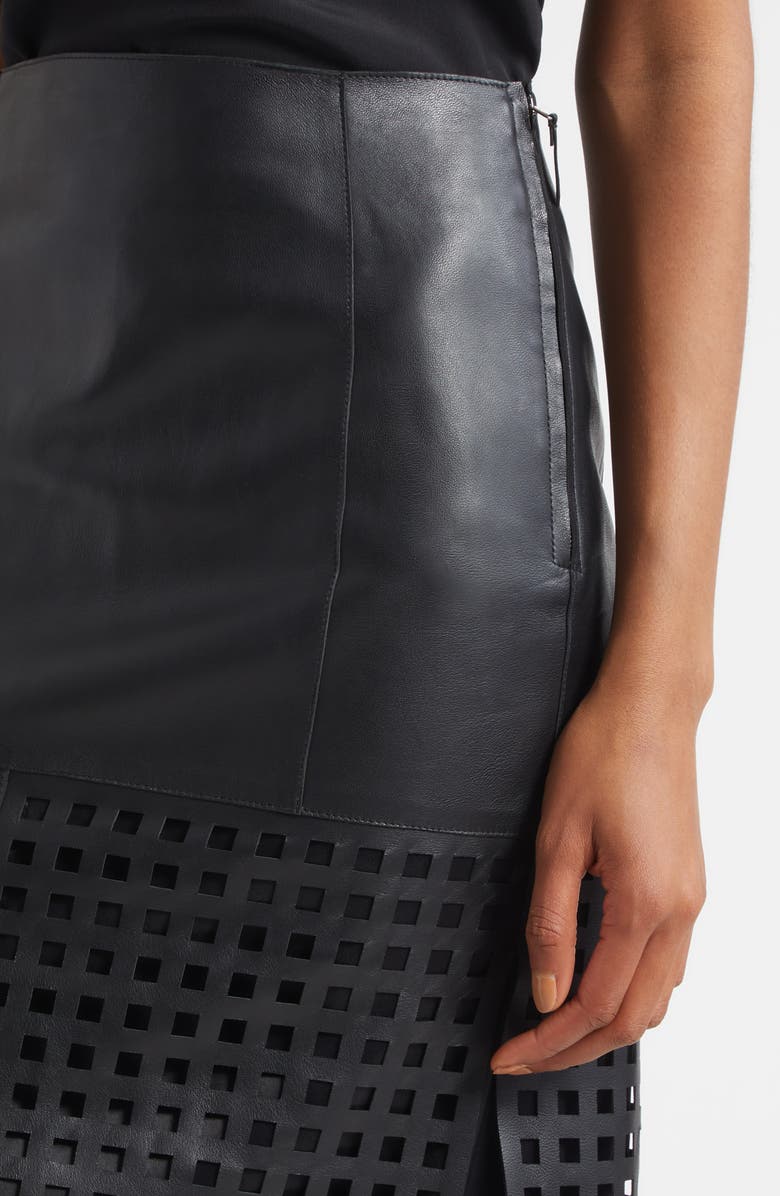 Emporio Armani Laser Cut Nappa Leather Midi Skirt, Alternate, color, Solid Black