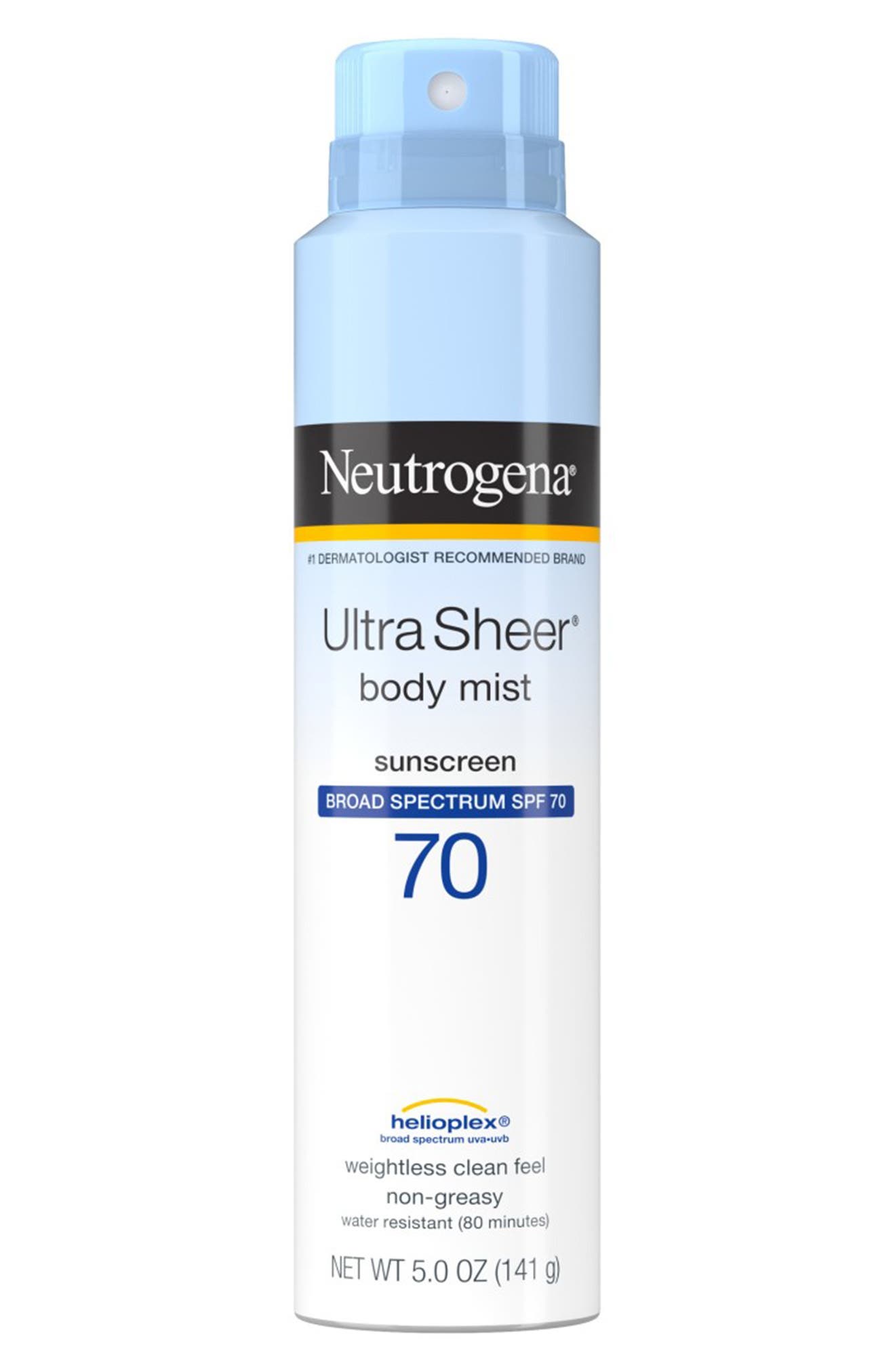 NEUTROGENA Ultra Sheer Body Mist Sunscreen Spray Broad Spectrum SPF 70, Lightweight, Non-Greasy & Water Resistant, Oil-Free & Non-Comedogenic UVA/UVB Sunscreen Mist - 5 oz.