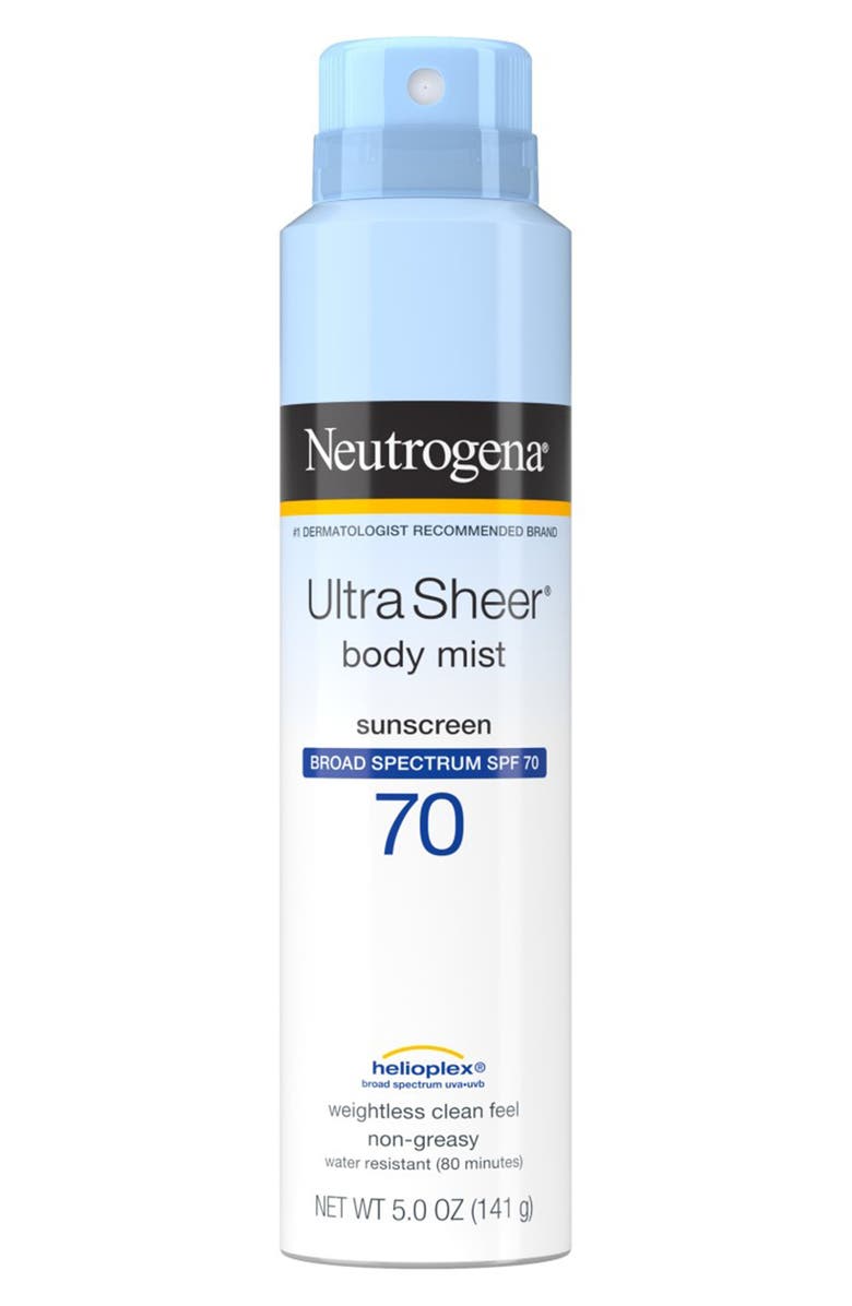 NEUTROGENA Ultra Sheer Body Mist Sunscreen Spray Broad Spectrum SPF 70, Lightweight, Non-Greasy & Water Resistant, Oil-Free & Non-Comedogenic UVA/UVB Sunscreen Mist - 5 oz., Main, color,