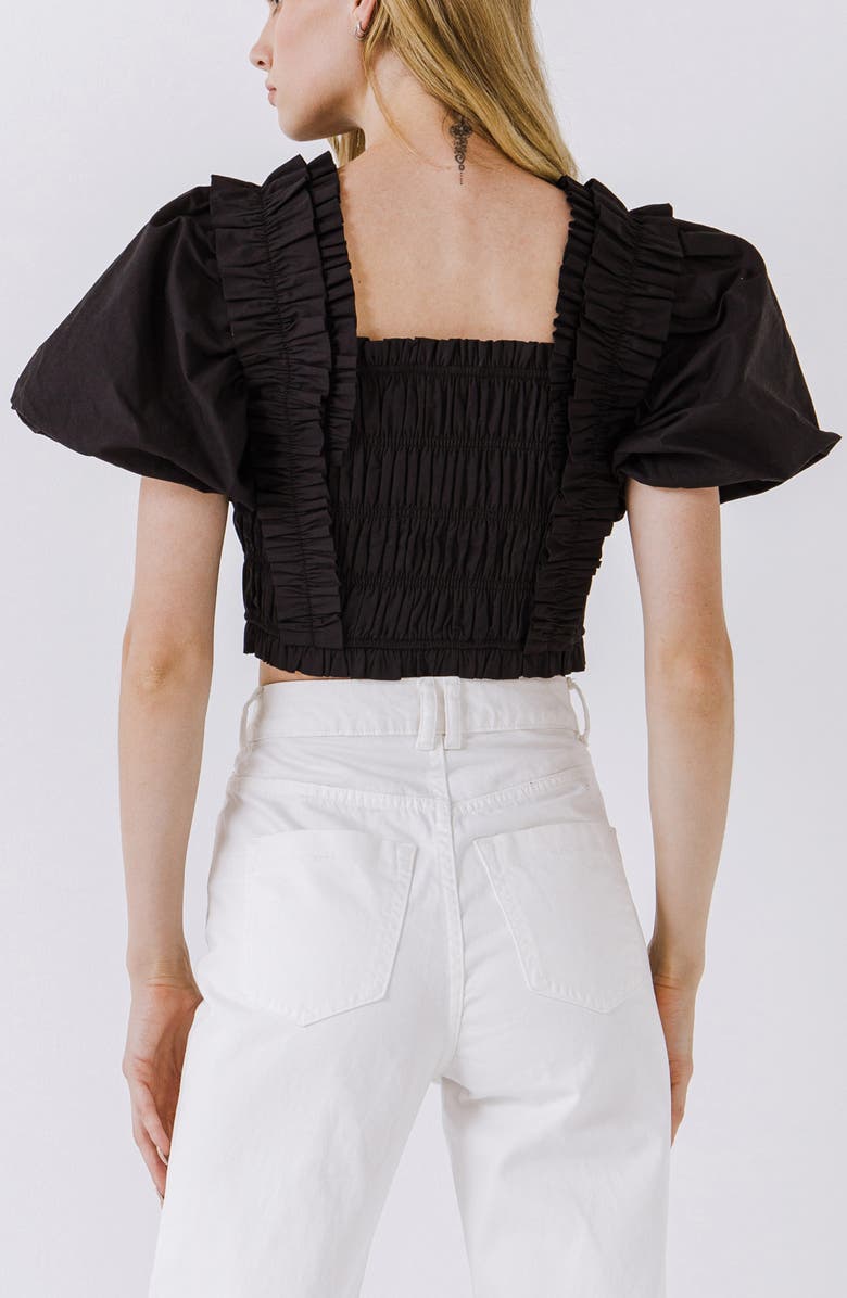 English Factory Shirred Bodice Puff Sleeve Cotton Crop Top, Alternate, color, 
