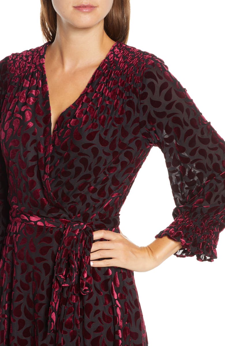 Maison Tara Velvet Burnout Long Sleeve Faux Wrap Dress, Alternate, color, 