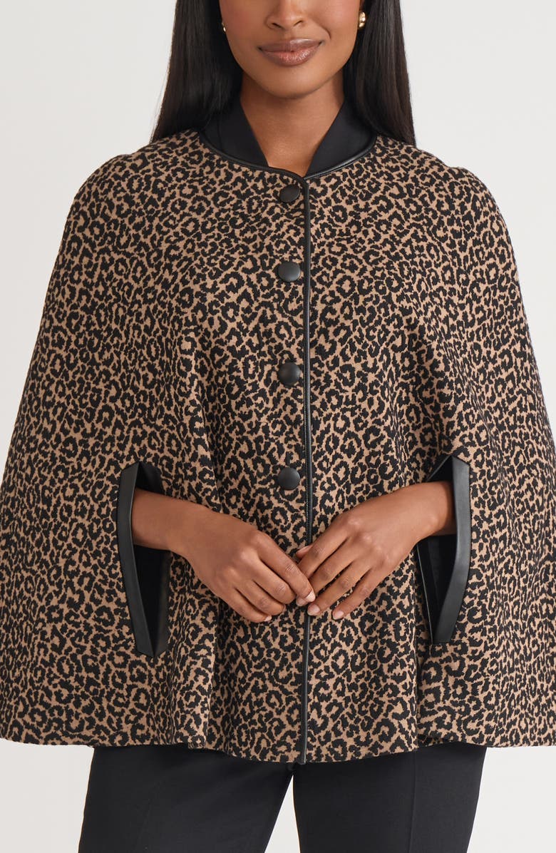 KASPER Leopard Print Cape, Main, color, Dark Camel/ Black