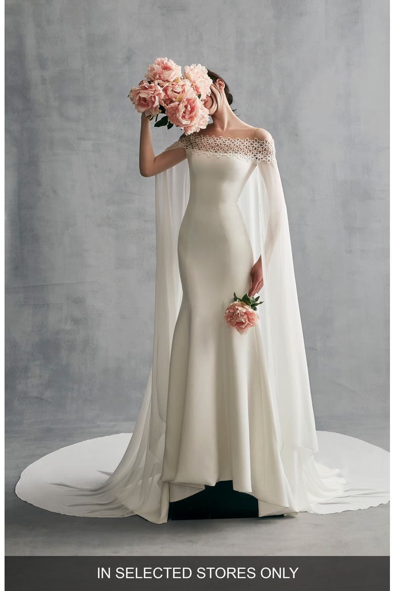 Danica Off the Shoulder Gown with Cape, Alternate, color, OFF WHITE