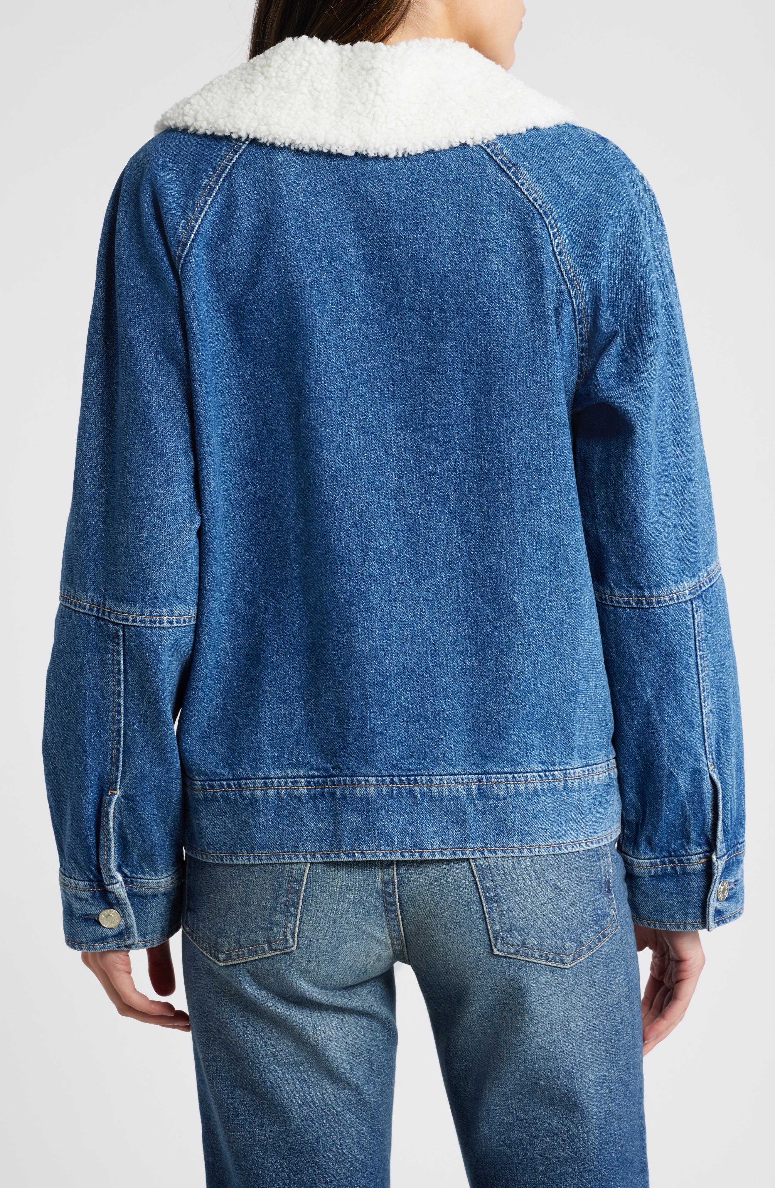 Cheyenne Faux Shearling Collar Denim Zip-Up Utility Jacket - image 2
