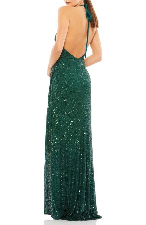 Mac Duggal Sequin Open Back Halter Neck Gown In Bottle Green