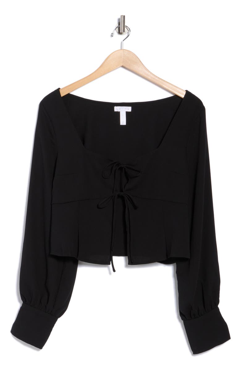 Leith Tie Front Crepe Long Sleeve Top, Alternate, color, Black