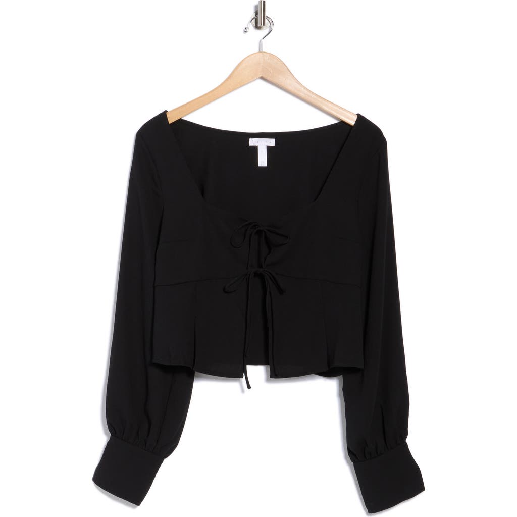Leith Tie Front Crepe Long Sleeve Top In Black
