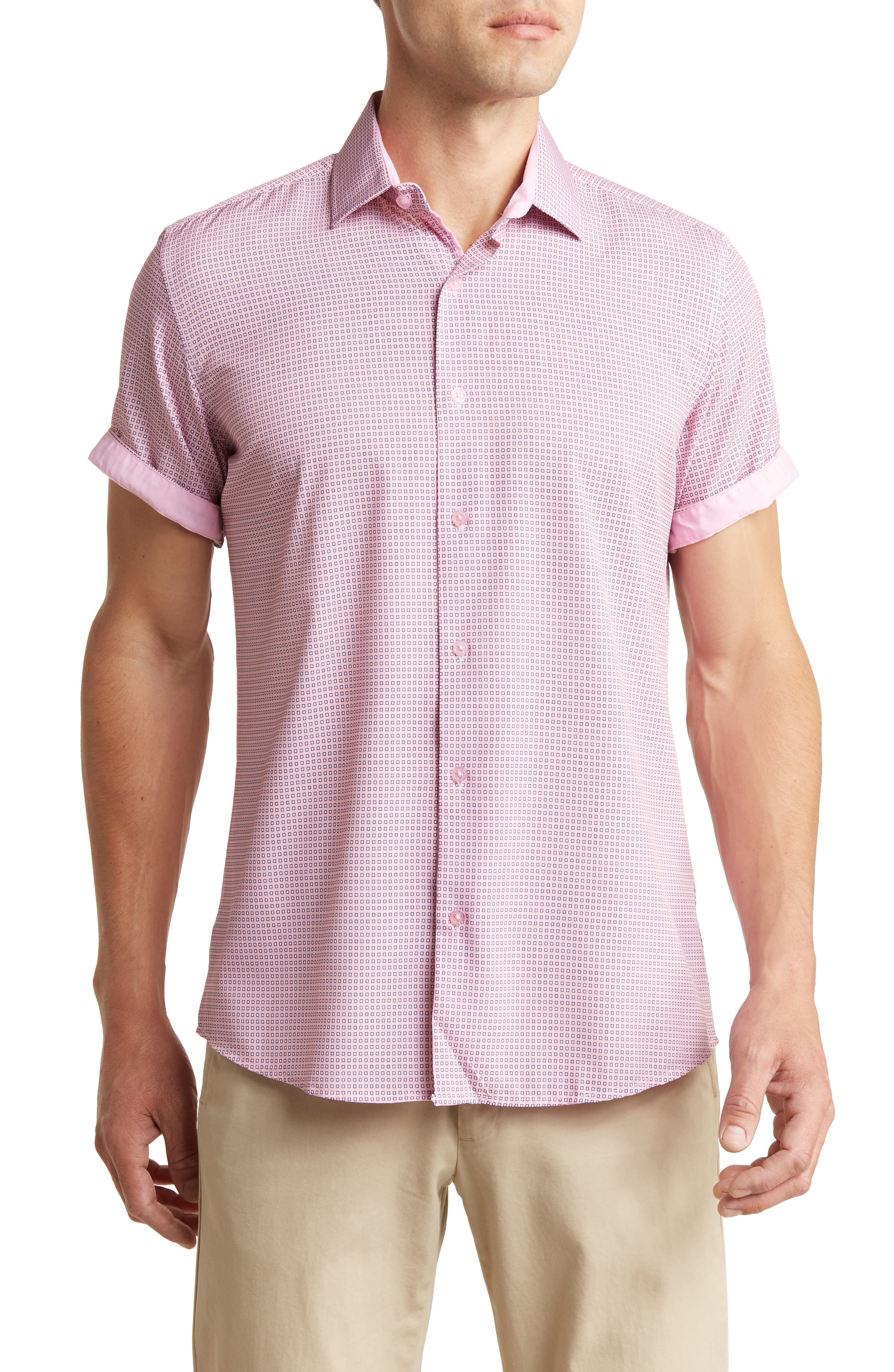 TOM BAINE Slim Fit Short Sleeve Performance Stretch Button-Up Shirt