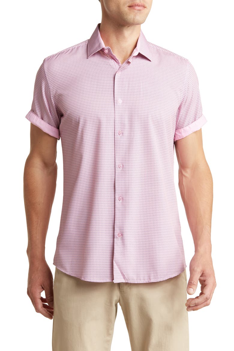 Slim Fit Short Sleeve Performance Stretch Button-Up Shirt, Main, color, PINK