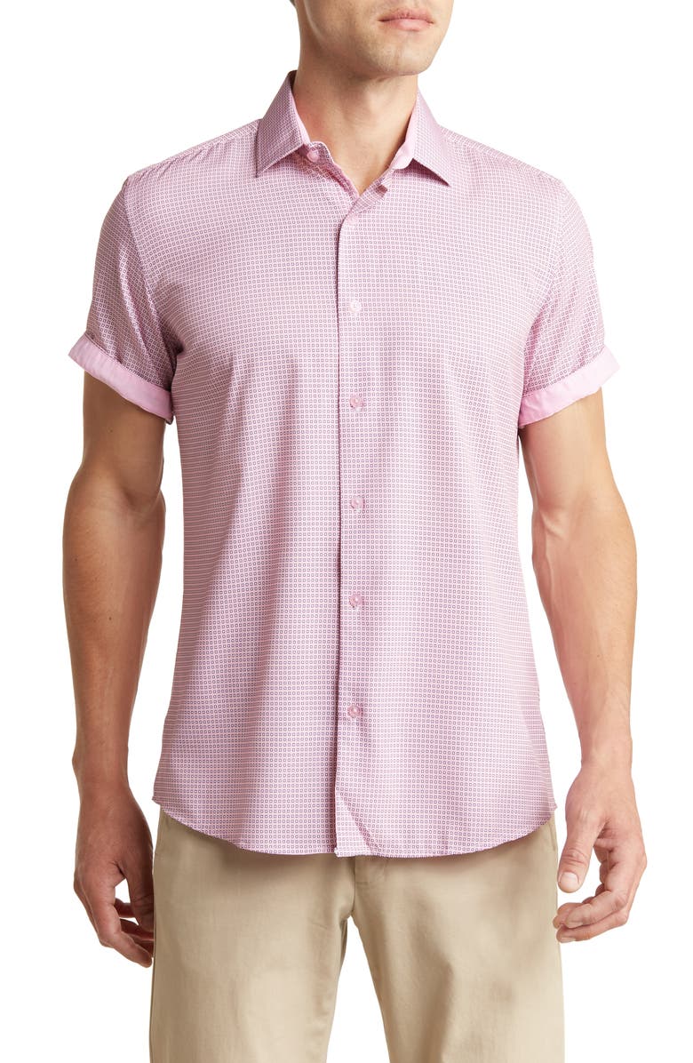 TOM BAINE Slim Fit Short Sleeve Performance Stretch Button-Up Shirt, Main, color, Pink