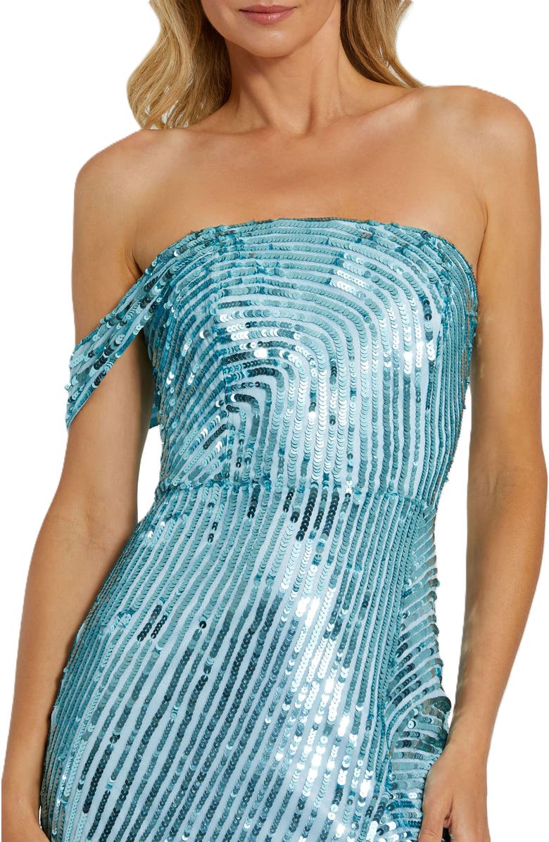 Mac Duggal One Shoulder Mesh Sequin Gown With Slit, Alternate, color, Aqua