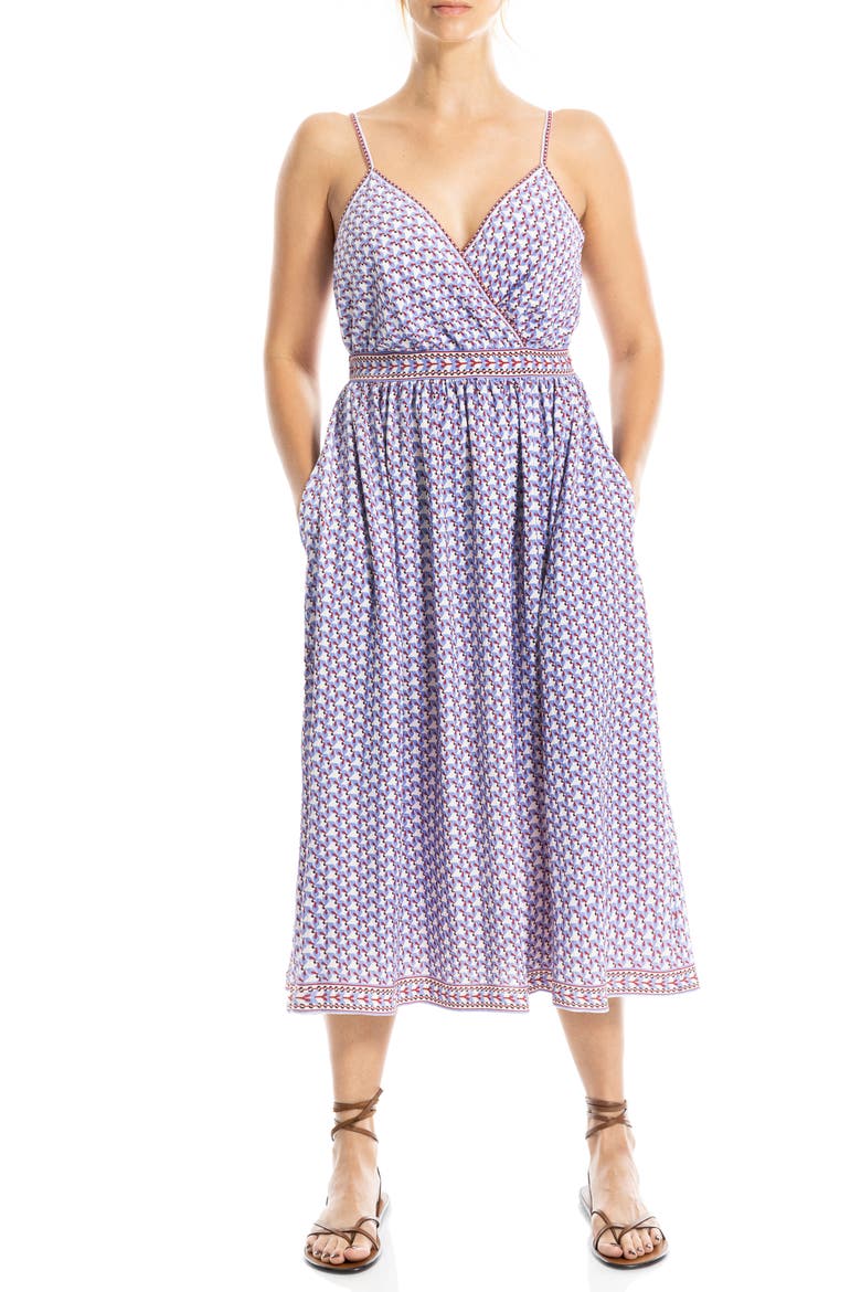 Printed Woven Midi Dress, Alternate, color, CREAM/ BLUE FLUTTERS
