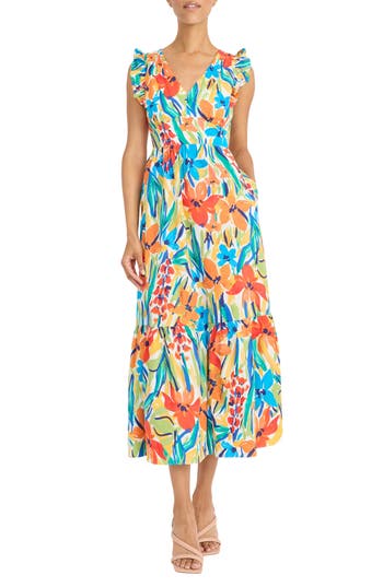 Maggy London Floral Ruffle Tiered Maxi Dress In Soft White/chili