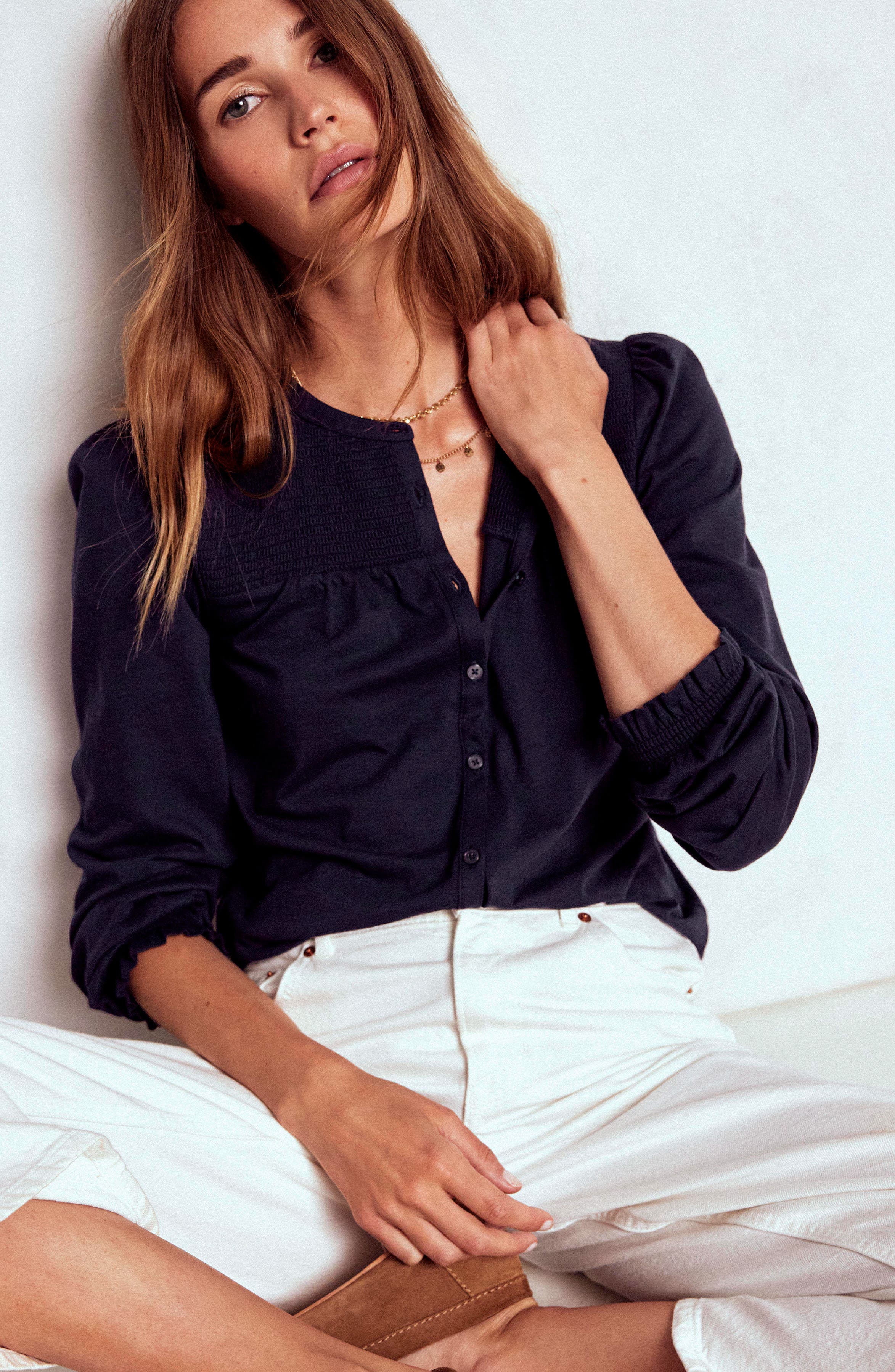 Elsa Smocked Yoke Knit Button-Up Shirt - image 2