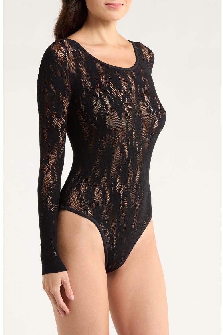 Floral Long Sleeve Seamless Bodysuit, Alternate, color, BLACK
