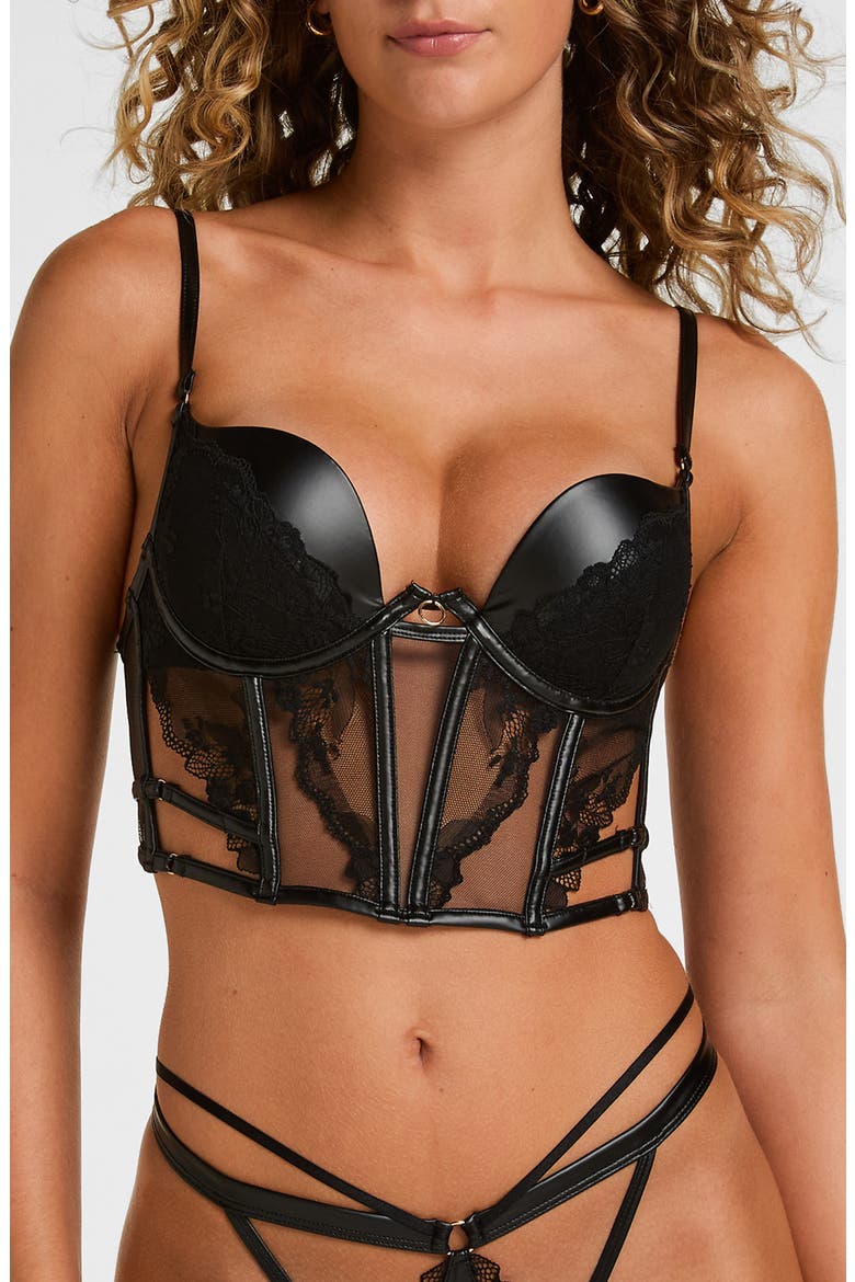 Ilenia Lace & Faux Leather Padded Bustier Bra, Main, color, CAVIAR