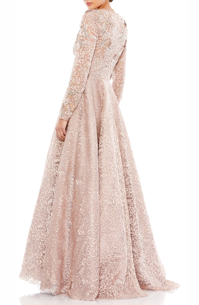 Mac Duggal Embellished Illusion Long Sleeve A Line Gown, Alternate, color, Mocha