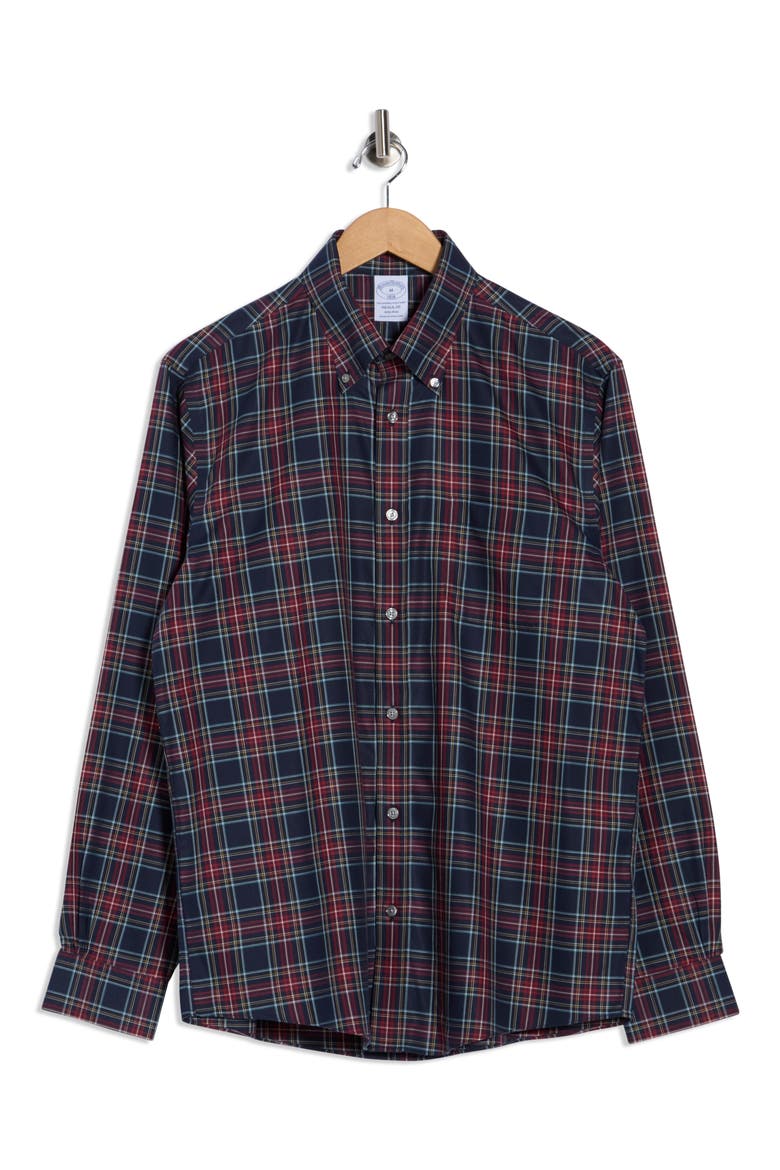 Non-Iron Regular Fit Cotton Button-Down Shirt, Alternate, color, NAVY TARTAN