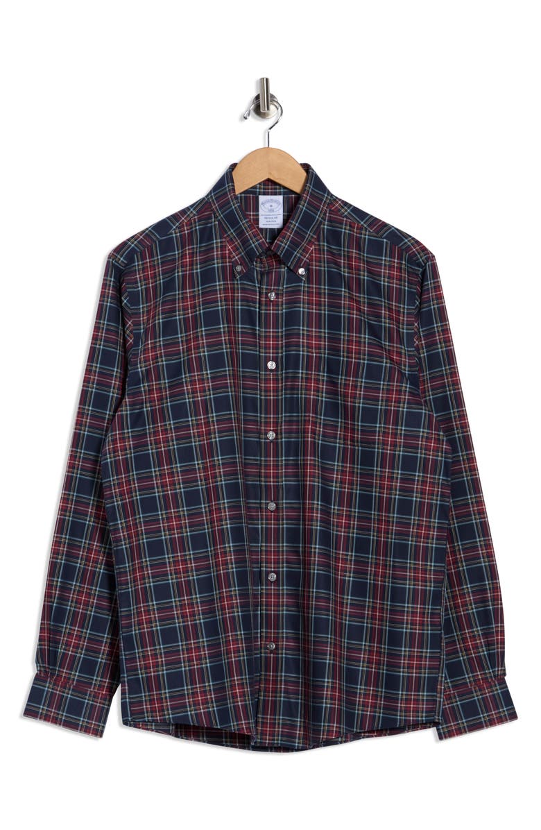Brooks Brothers Non-Iron Regular Fit Cotton Button-Down Shirt, Alternate, color, Navy Tartan