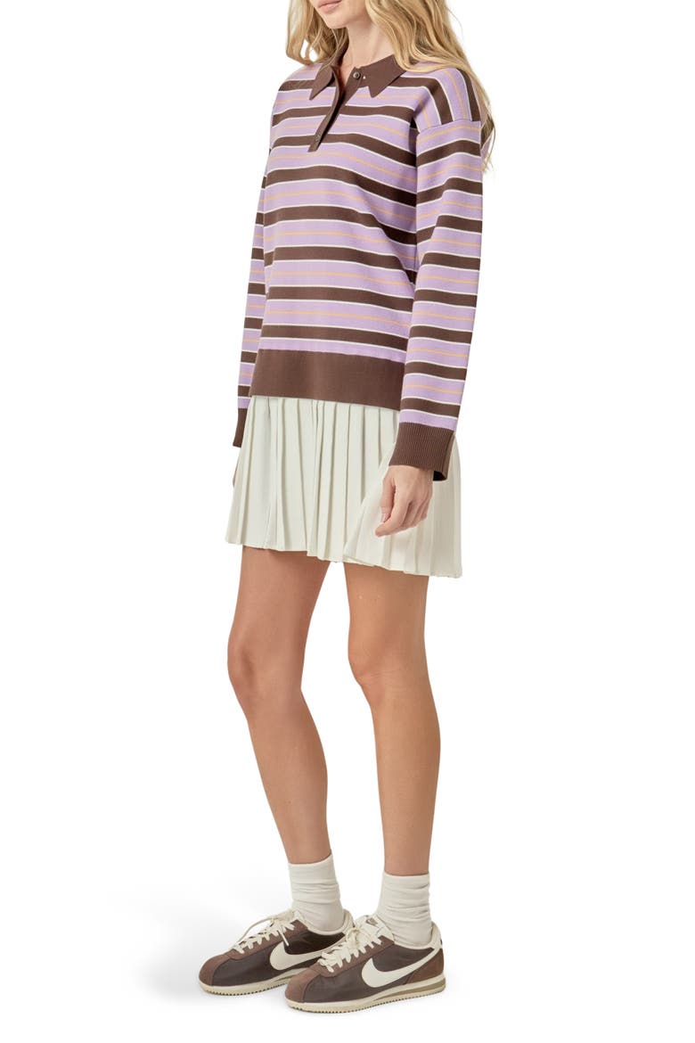 Pleated Hem Polo Knit Minidress, Alternate, color, BROWN MULTI