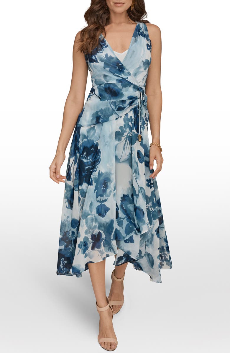Donna Karan New York Floral Wrap Bodice Midi Dress, Main, color, Nightfall Multi