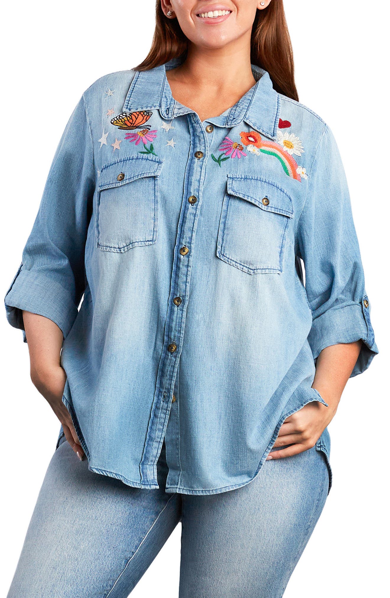 Billy T Happy Place Embroidered Denim Shirt In Blue