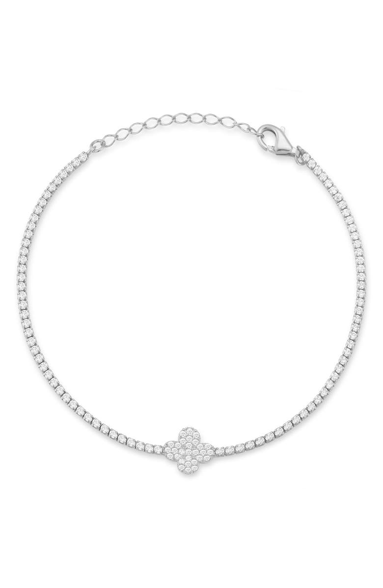 GLAZE JEWELRY Cubic Zirconia Clover Tennis Bracelet, Main, color, Silver