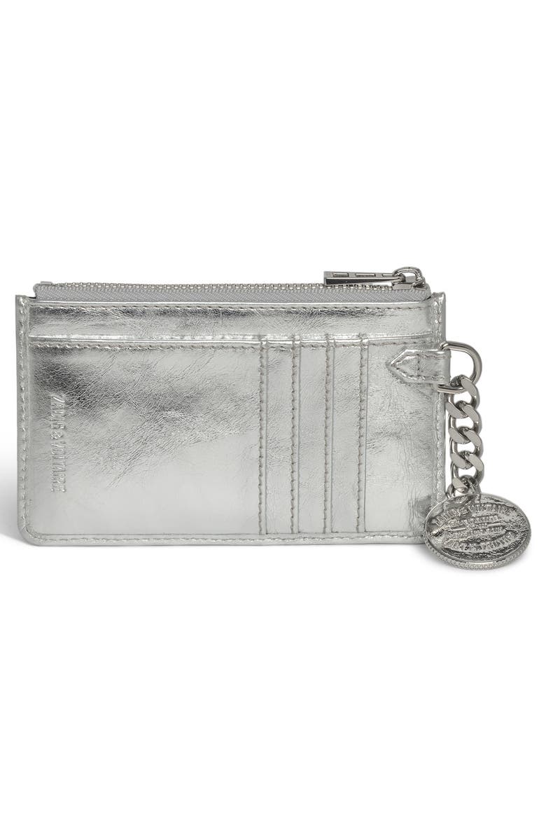 Zadig & Voltaire Sunny Metallic Leather Zip Card Case, Alternate, color, Silver