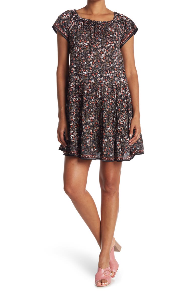 Ditsy Short Sleeve Tiered Jersey Shift Dress, Main, color, BKBLMFLB
