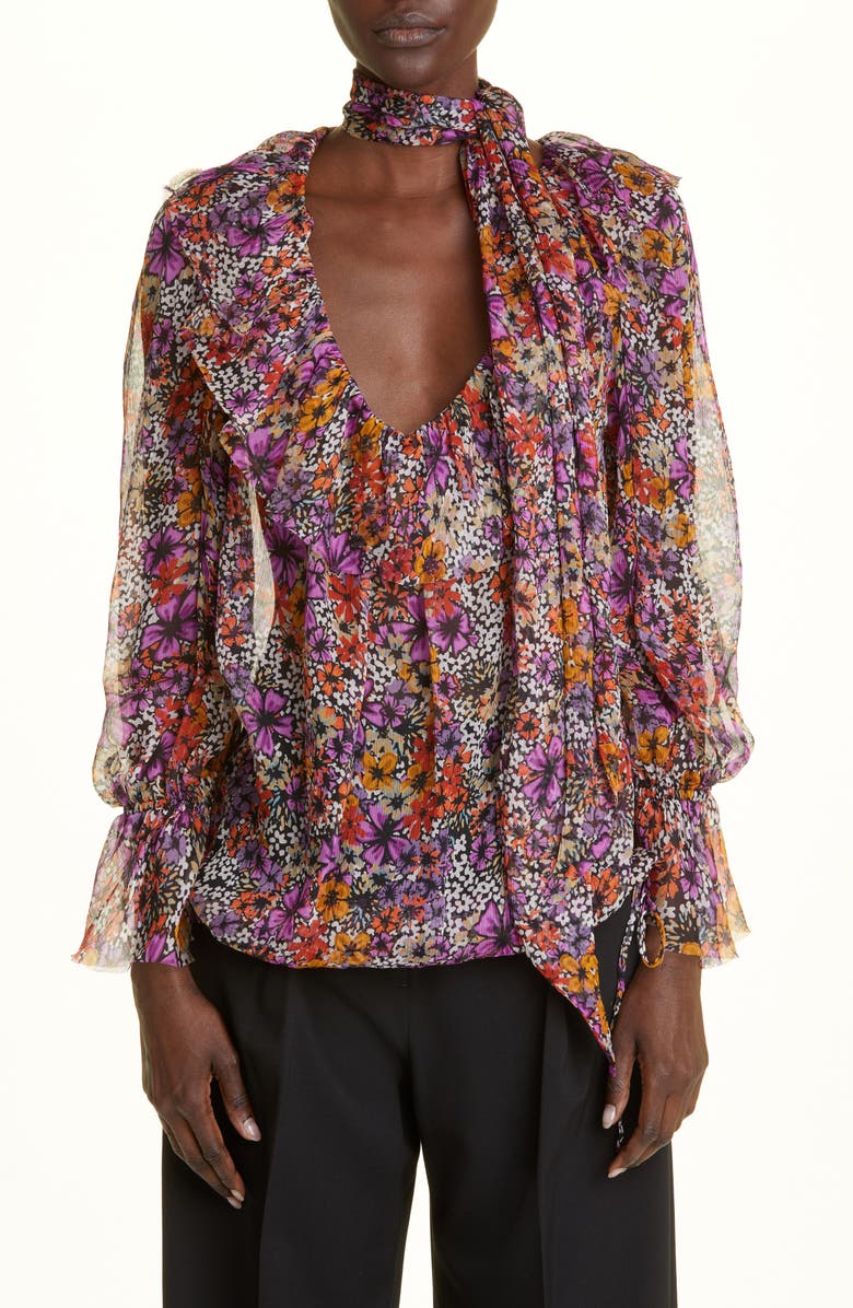 Dries Van Noten Contera Floral Print Silk Crepe Blouse with Tie, Main, color, 