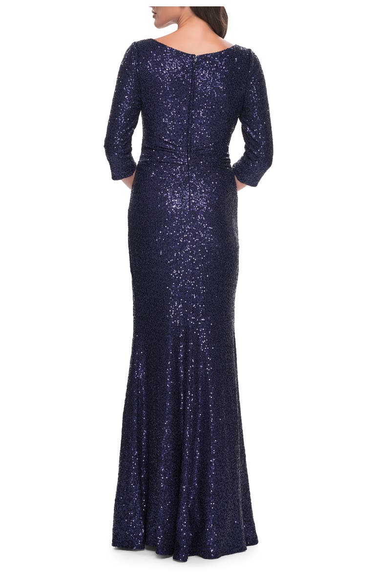 La Femme Long Sequin Gown with Ruching and Draped Skirt, Alternate, color, Navy