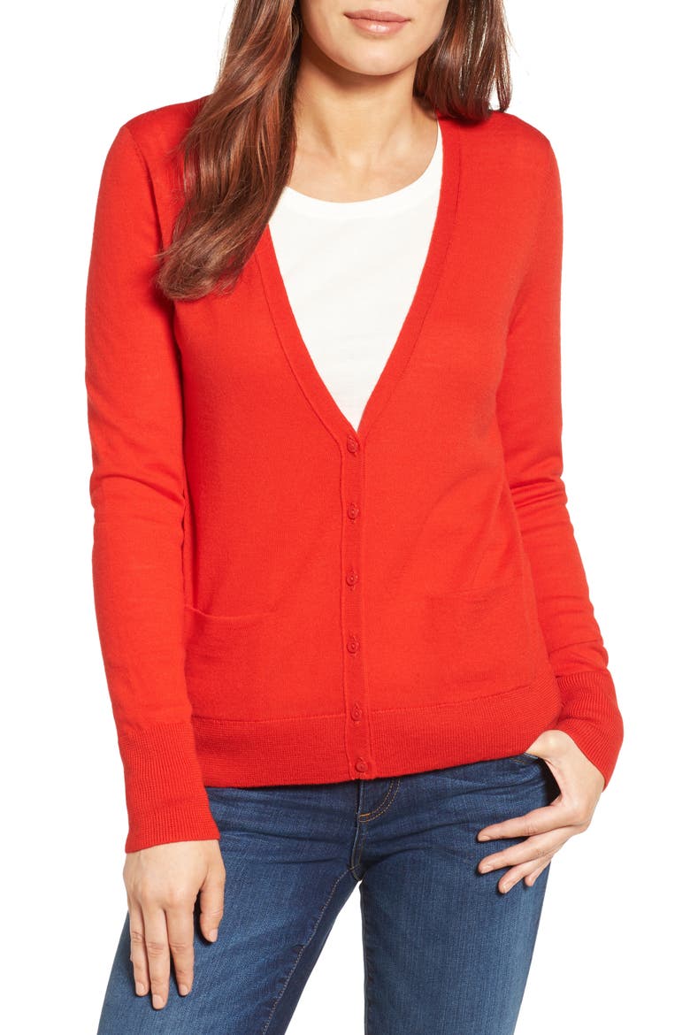 V-Neck Merino Wool Cardigan, Main, color, RED FIERY