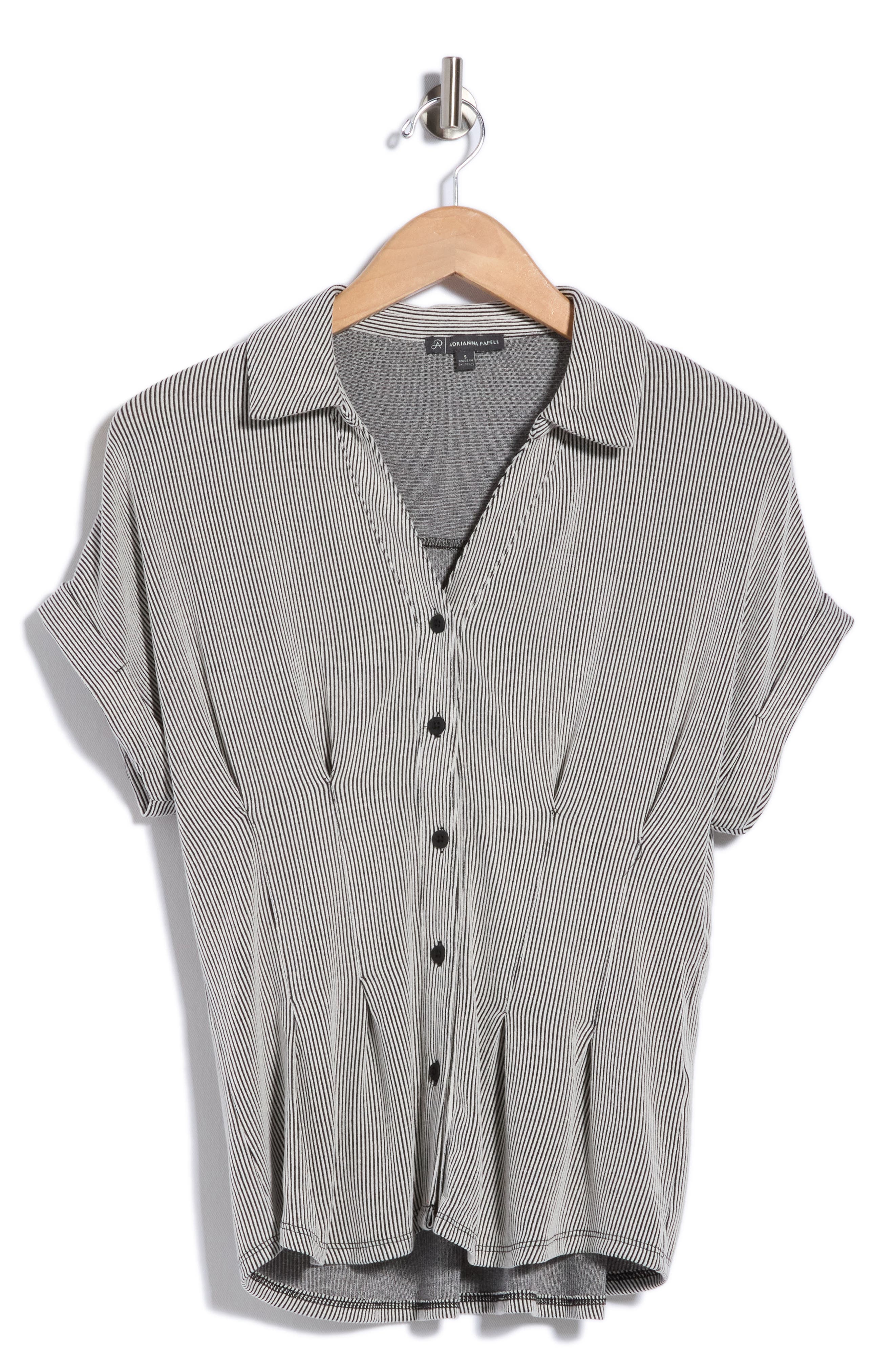 Microstriped Button Front Knit Top