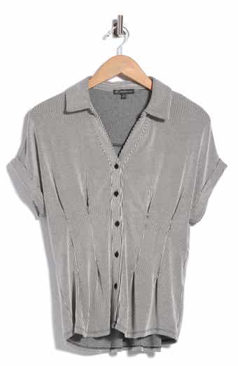 Microstriped Button Front Knit Top