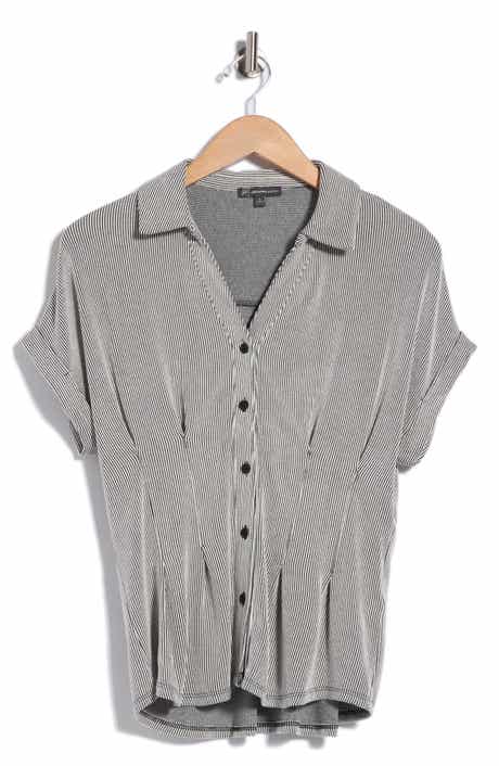 Microstriped Button Front Knit Top