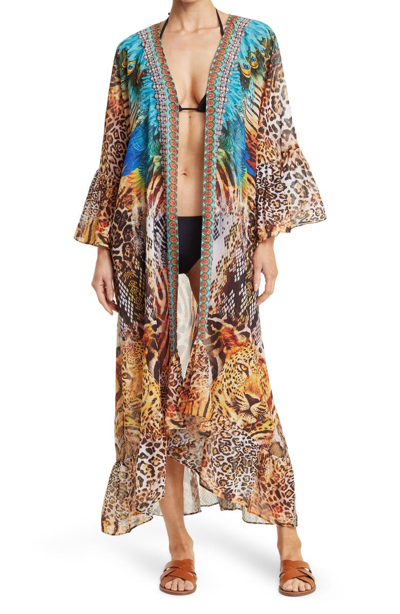 RANEES Animal Print Duster, Main, color, Brown