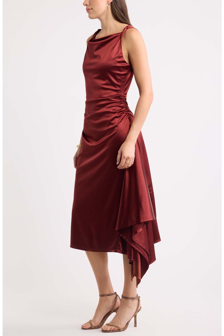 Ruched Asymmetric Satin Midi Dress, Alternate, color, RED PEAR